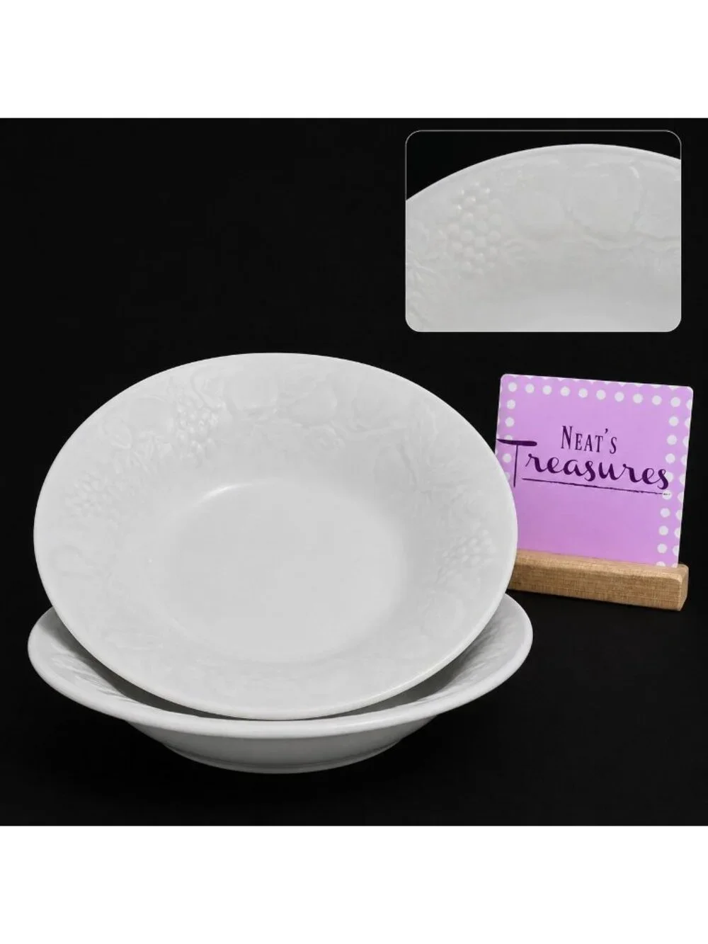 Gibson FRUIT Embossed Fruit Leaves White Shades Rim Coupe Soup Bowls Set of 2